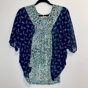 Black Poppy Sheer Blue Peasant Blouse Size XS